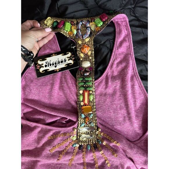 MEGHAN LA Top Womens SZ S Purple Beaded Sequin Razorback Tank  BOHO Peasant  NWT - Picture 5 of 8